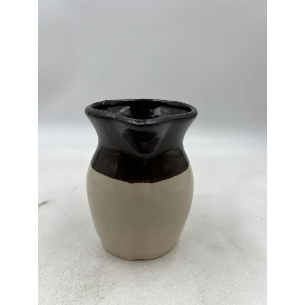 Vintage Stoneware Pitcher Brown Tan Glazed Two Tone Farmhouse Creamer 4.75in